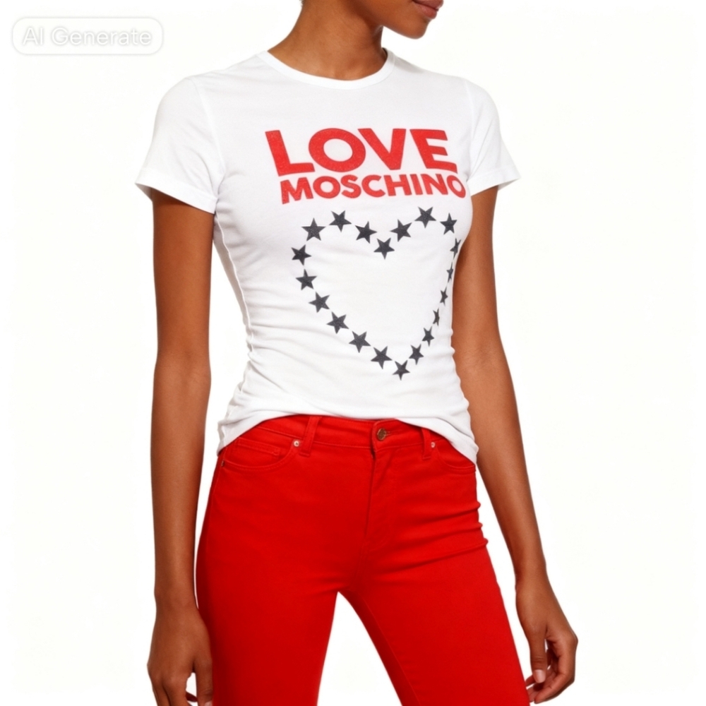 Love Moschino White Tee with Glittery Graphic Red Logo and Black Star Heart